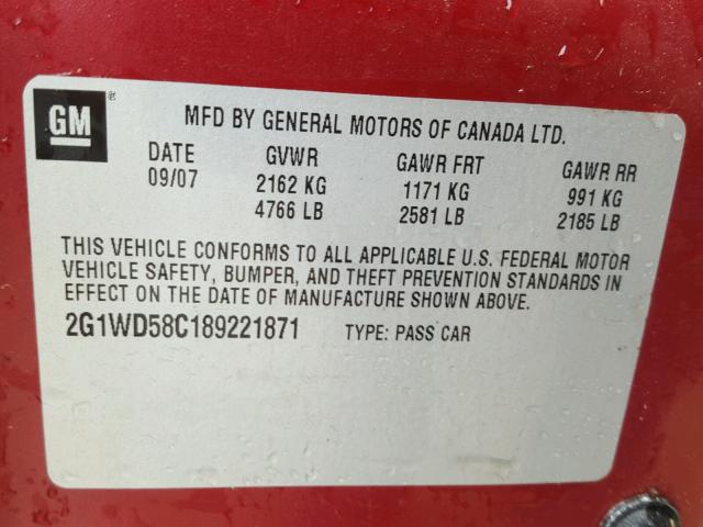 2G1WD58C189221871 - 2008 CHEVROLET IMPALA SUP BURGUNDY photo 10