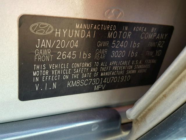 KM8SC73D14U701910 - 2004 HYUNDAI SANTA FE G SILVER photo 10