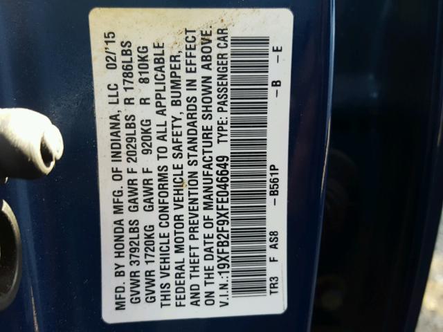 19XFB2F9XFE046649 - 2015 HONDA CIVIC EXL 蓝色 照片 10