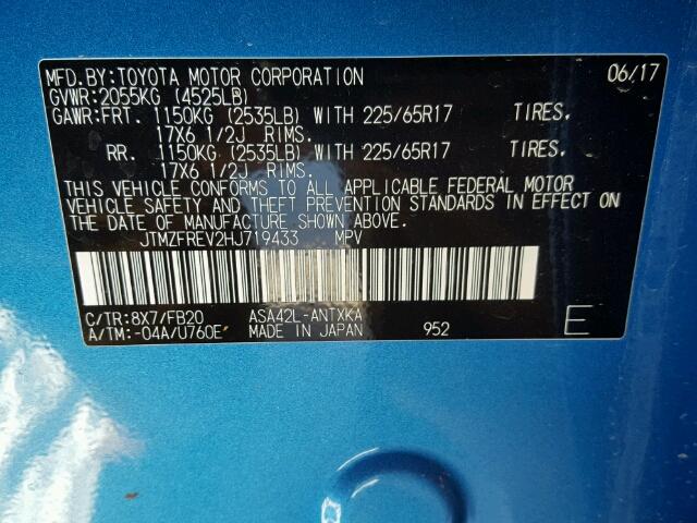 JTMZFREV2HJ719433 - 2017 TOYOTA RAV4 LE Կապույտ լուսանկար 10