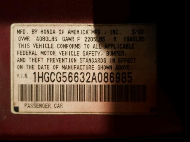 1HGCG56632A086985 - 2002 HONDA ACCORD EX MAROON photo 10