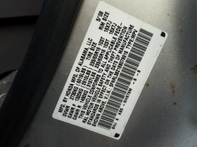 5FNRL38218B078919 - 2008 HONDA ODYSSEY LX SILVER photo 10