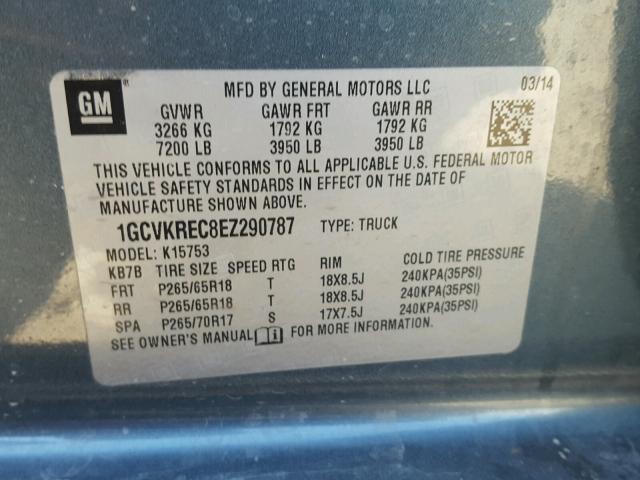 1GCVKREC8EZ290787 - 2014 CHEVROLET SILVERADO GRAY photo 10