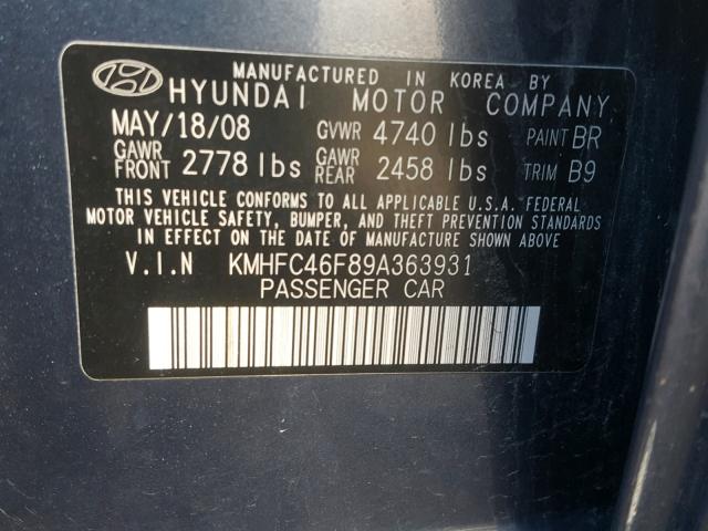 KMHFC46F89A363931 - 2009 HYUNDAI AZERA SE BLUE photo 10