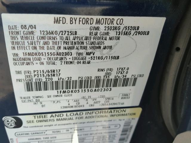 1FMDK05155GA02303 - 2005 FORD FREESTYLE BLUE photo 10