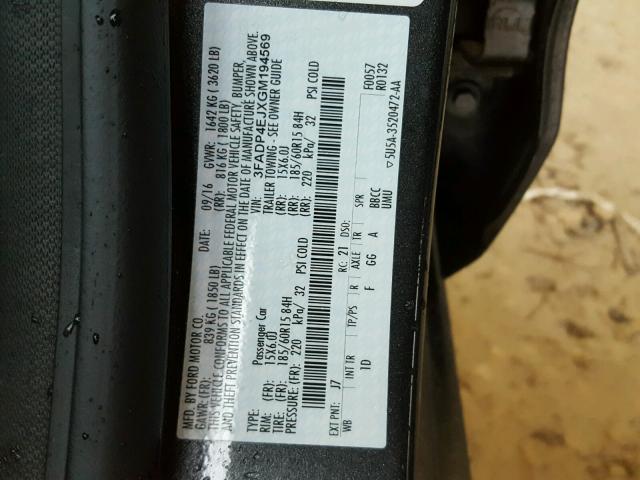 3FADP4EJXGM194569 - 2016 FORD FIESTA SE CHARCOAL photo 10