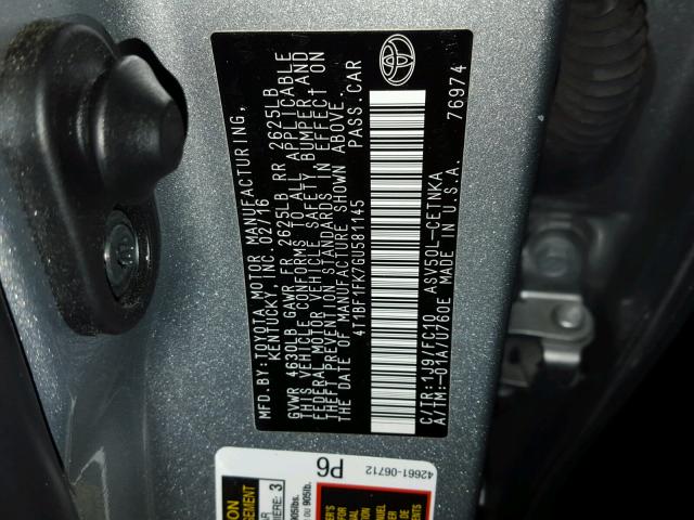 4T1BF1FK7GU581145 - 2016 TOYOTA CAMRY LE ვერცხლისფერი ფოტო 10