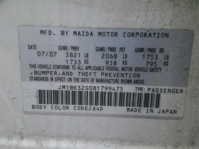 JM1BK32G081799475 - 2008 MAZDA 3 I WHITE photo 10