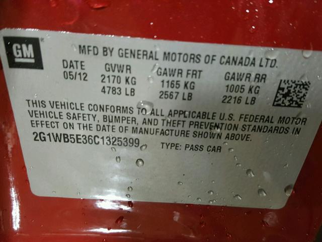 2G1WB5E36C1325399 - 2012 CHEVROLET IMPALA LT RED photo 10