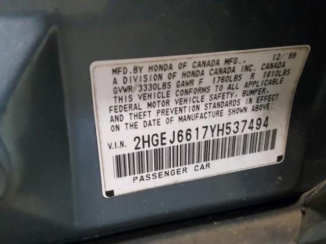 2HGEJ6617YH537494 - 2000 HONDA CIVIC BASE BLUE photo 10