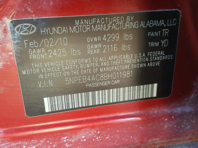 5NPEB4AC8BH011981 - 2011 HYUNDAI SONATA GLS RED photo 10