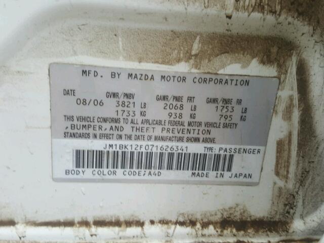 JM1BK12F071626341 - 2007 MAZDA 3 I WHITE photo 10