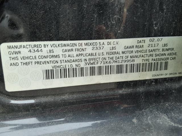 3VWEF71K67M129958 - 2007 VOLKSWAGEN JETTA WOLF BLACK photo 10