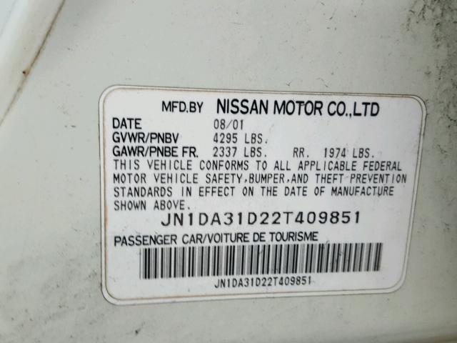 JN1DA31D22T409851 - 2002 NISSAN MAXIMA GLE WHITE photo 10