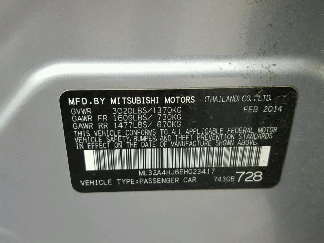 ML32A4HJ6EH023417 - 2014 MITSUBISHI MIRAGE ES SILVER photo 10