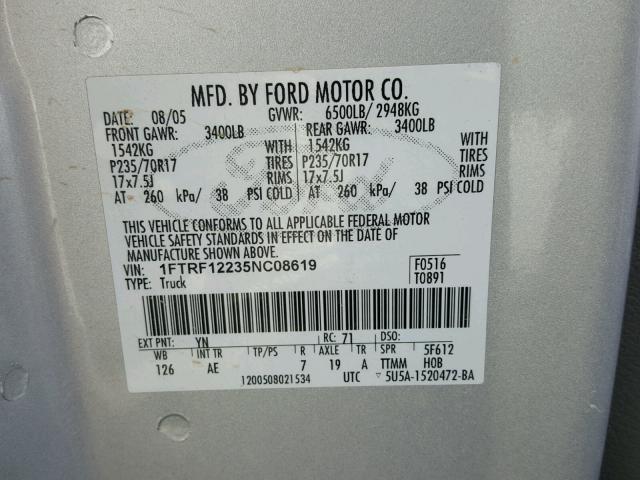 1FTRF12235NC08619 - 2005 FORD F150 SILVER photo 10