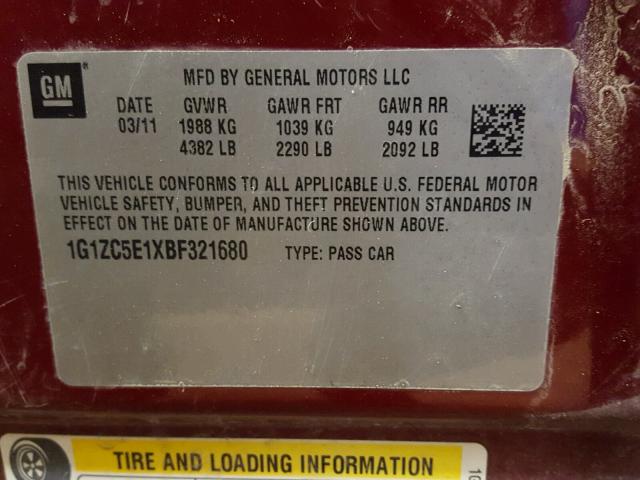 1G1ZC5E1XBF321680 - 2011 CHEVROLET MALIBU 1LT MAROON photo 10