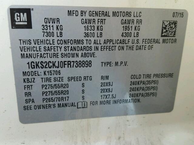 1GKS2CKJ0FR738898 - 2015 GMC YUKON DENA WHITE photo 10