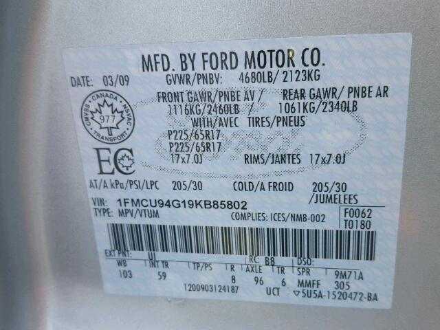 1FMCU94G19KB85802 - 2009 FORD ESCAPE LIM SILVER photo 10