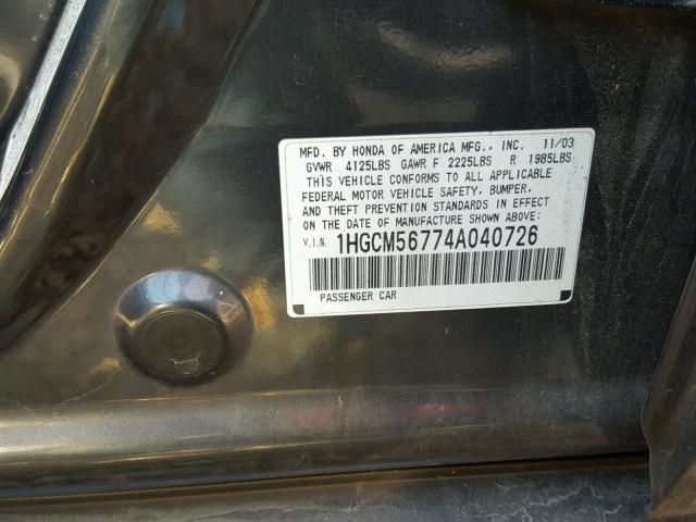 1HGCM56774A040726 - 2004 HONDA ACCORD EX GRAY photo 10