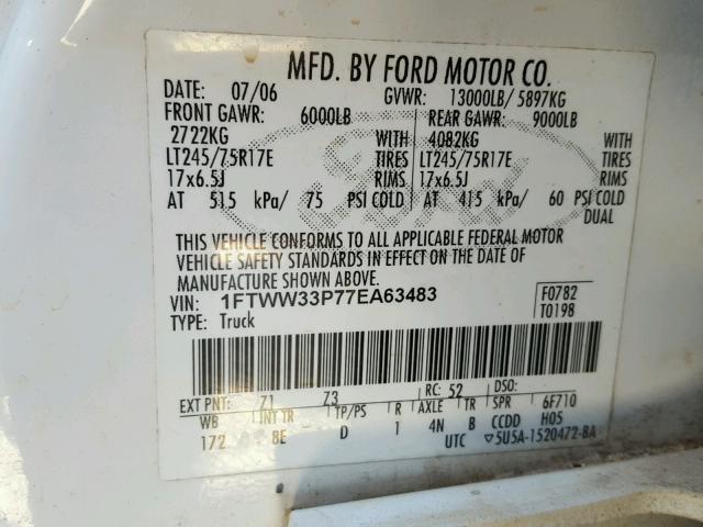 1FTWW33P77EA63483 - 2007 FORD F350 SUPER WHITE photo 10