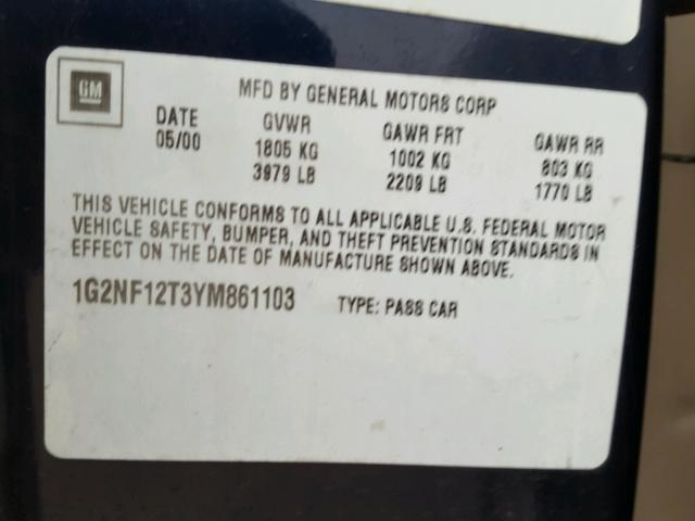 1G2NF12T3YM861103 - 2000 PONTIAC GRAND AM S BLUE photo 10