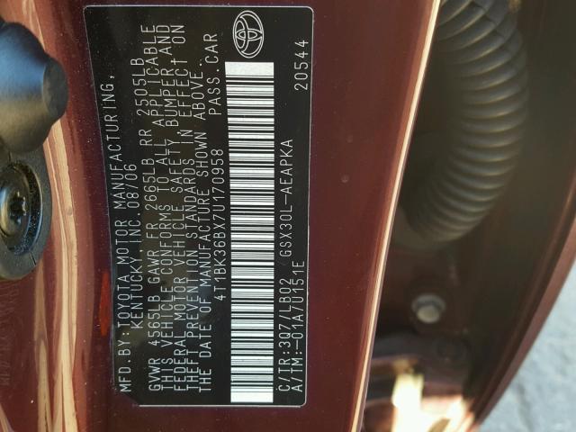 4T1BK36BX7U170958 - 2007 TOYOTA AVALON XL BURGUNDY photo 10