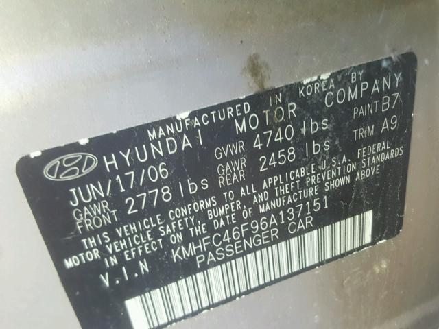 KMHFC46F96A137151 - 2006 HYUNDAI AZERA SE GOLD photo 10