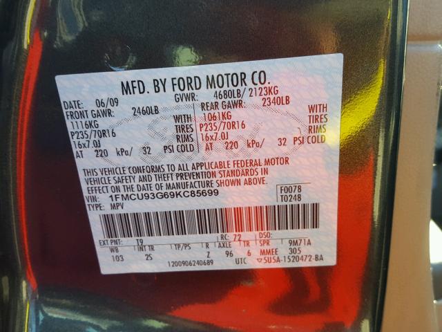 1FMCU93G69KC85699 - 2009 FORD ESCAPE XLT BLACK photo 10