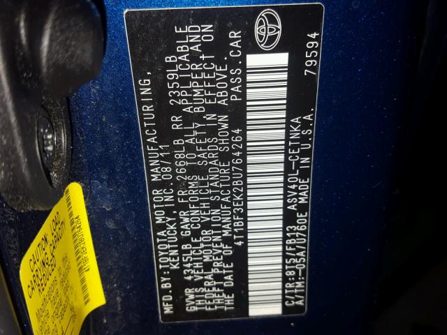 4T1BF3EK2BU764264 - 2011 TOYOTA CAMRY BASE BLUE photo 10