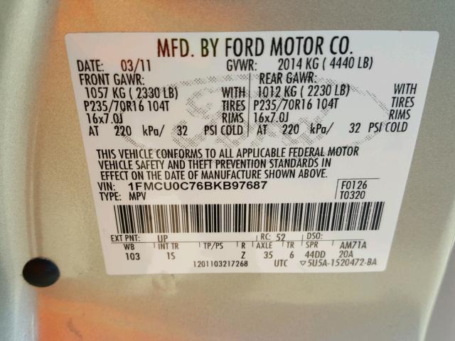 1FMCU0C76BKB97687 - 2011 FORD ESCAPE XLS GOLD photo 10