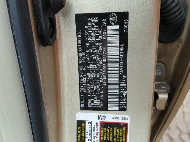 4T1BF3EK6BU694736 - 2011 TOYOTA CAMRY BASE GOLD photo 10