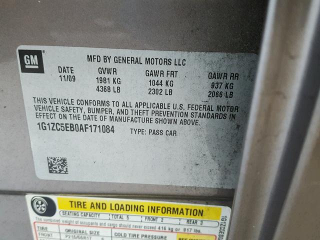 1G1ZC5EB0AF171084 - 2010 CHEVROLET MALIBU 1LT BLACK photo 10