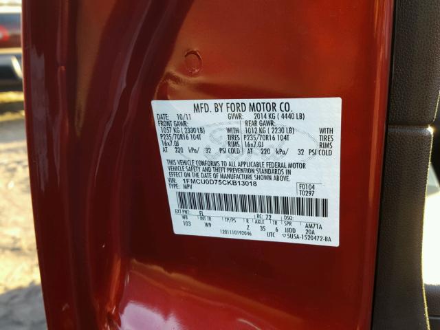 1FMCU0D75CKB13018 - 2012 FORD ESCAPE XLT RED photo 10