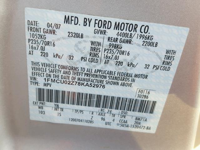 1FMCU02Z78KA52976 - 2008 FORD ESCAPE XLS SILVER photo 10