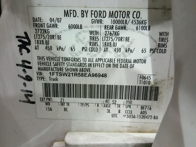 1FTSW21R58EA96948 - 2008 FORD F250 SUPER WHITE photo 10