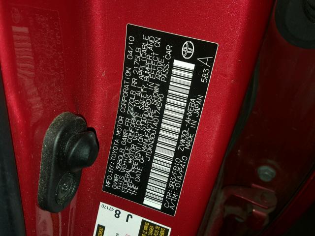 JTDKN3DU1A0174590 - 2010 TOYOTA PRIUS RED photo 10