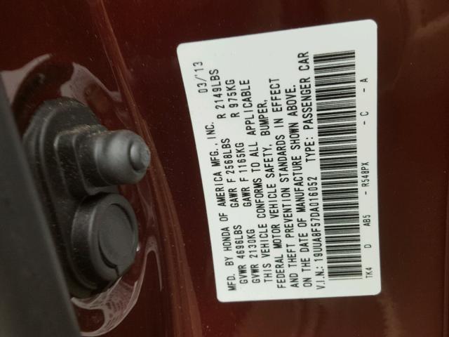 19UUA8F57DA016052 - 2013 ACURA TL TECH BURGUNDY photo 10