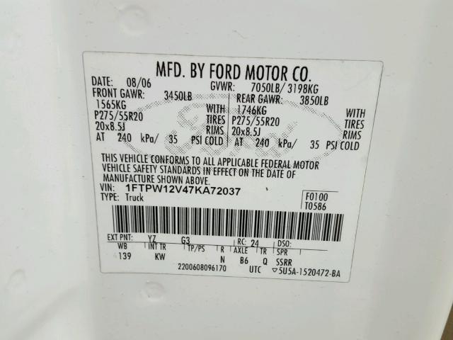 1FTPW12V47KA72037 - 2007 FORD F150 SUPER WHITE photo 10