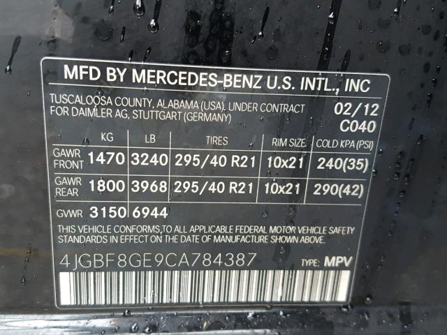 4JGBF8GE9CA784387 - 2012 MERCEDES-BENZ GL 550 4MA BLACK photo 10