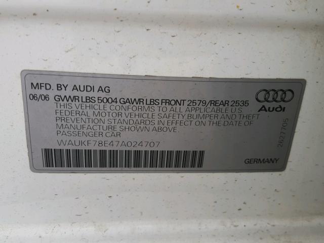 WAUKF78E47A024707 - 2007 AUDI A4 2.0T AV WHITE photo 10