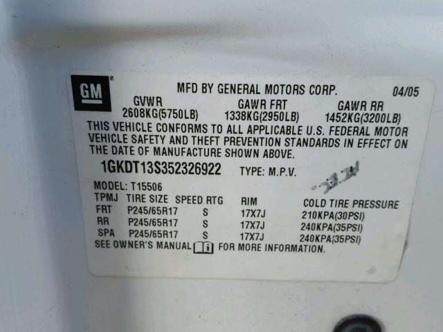 1GKDT13S352326922 - 2005 GMC ENVOY Ақ фото 10