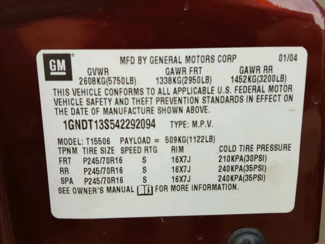 1GNDT13S542292094 - 2004 CHEVROLET TRAILBLAZE MAROON photo 10