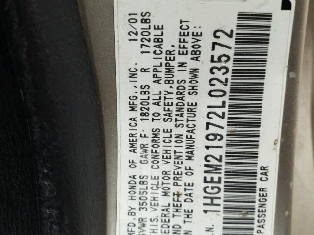1HGEM21972L023572 - 2002 HONDA CIVIC EX 金色 照片 10
