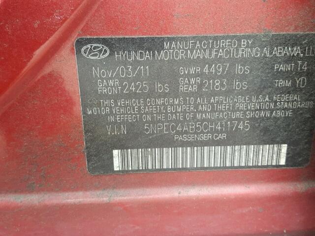 5NPEC4AB5CH411745 - 2012 HYUNDAI SONATA SE BURGUNDY photo 10