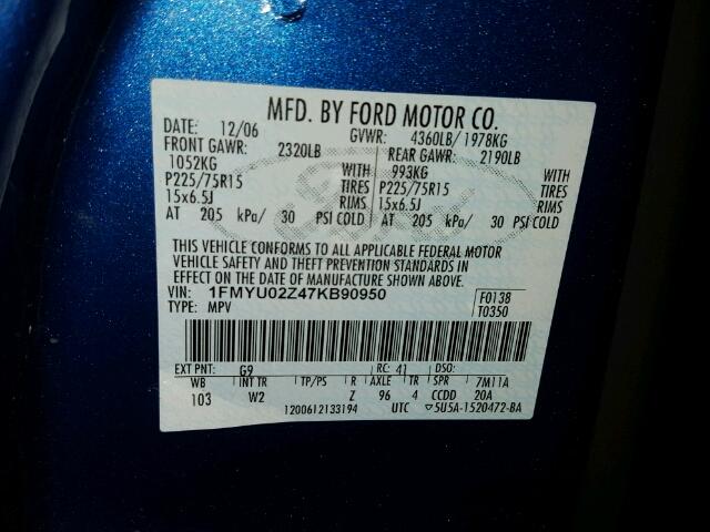 1FMYU02Z47KB90950 - 2007 FORD ESCAPE XLS BLUE photo 10