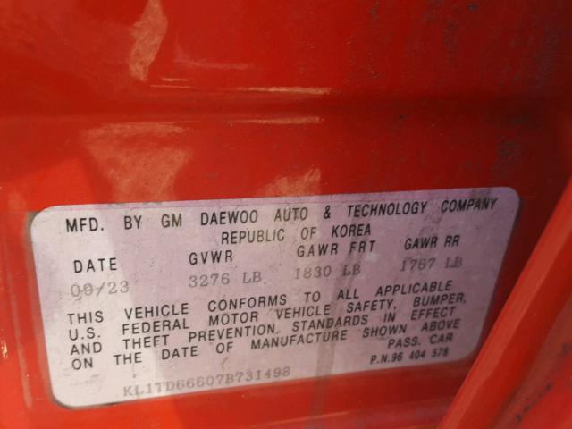 KL1TD66607B731498 - 2007 CHEVROLET AVEO BASE Қызыл фото 10