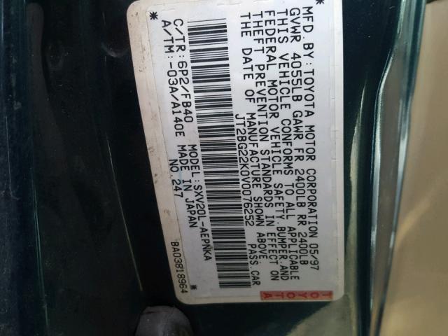 JT2BG22K0V0076252 - 1997 TOYOTA CAMRY LE GREEN photo 10