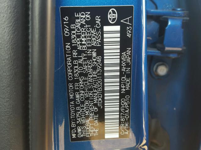 JTDKDTB32G1139248 - 2016 TOYOTA PRIUS C BLUE photo 10