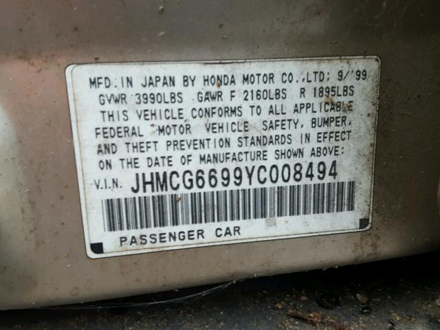 JHMCG6699YC008494 - 2000 HONDA ACCORD SE TAN photo 10